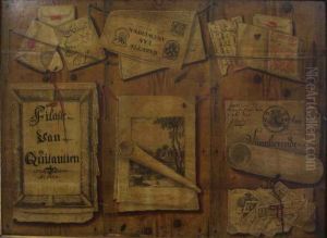 Trompe l'oeil of prints, newspapers and other documents pinned to a wooden partition