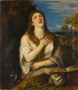 Saint Mary Magdalene as a penitent by Titianand workshop