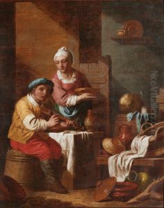 Man playing the violin and woman standing next to him in a kitchen