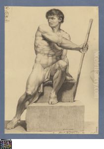 seated male nude, holding a stick by Fernand Beaufort