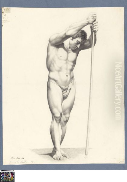 standing male nude holding a stick - view 1