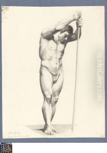standing male nude holding a stick by Johannes du Burck