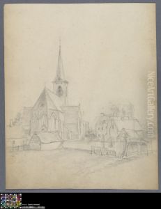 townscape with a church and houses by Musea Brugge
