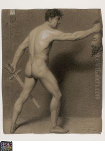 standing male nude holding a sword and severed head, seen from behind