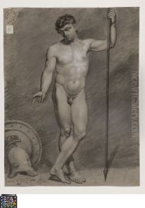 standing male nude holding a spear