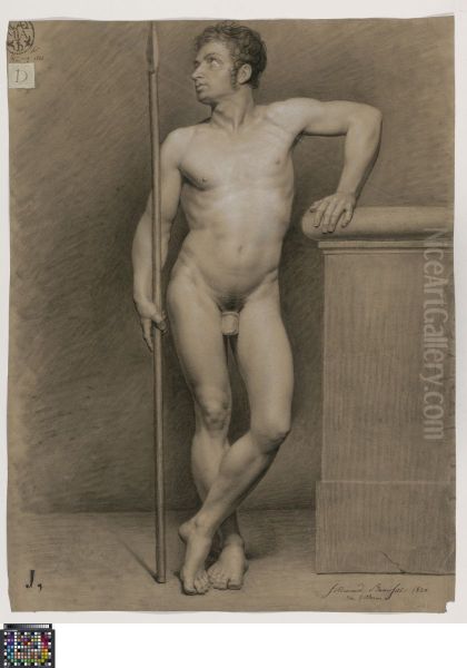 standing male nude holding a spear - view 1