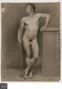 standing male nude holding a spear by Fernand Beaufort