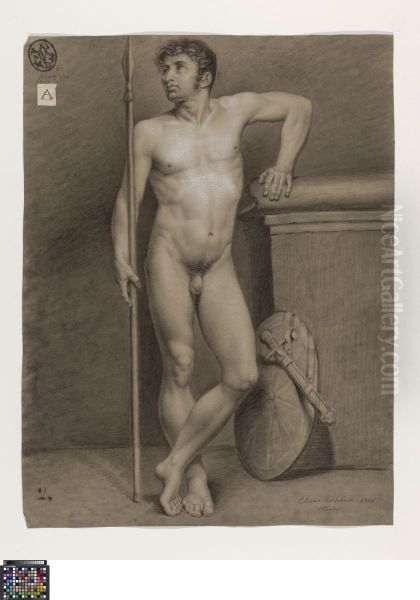 standing male nude holding a spear - view 1