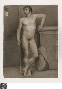 standing male nude holding a spear by Charles Verschaeve
