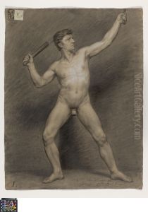 standing male nude holding a bat by Joannes Callewaert