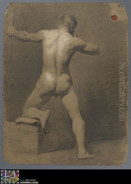 standing male nude with handbow, seen from behind - view 1
