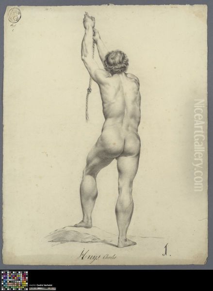 standing male nude pulling a rope, seen from behind - view 1