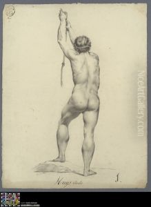 standing male nude pulling a rope, seen from behind