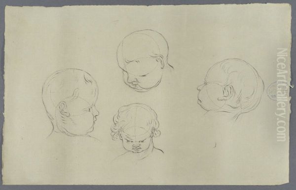 four children's heads with guidelines for proportions - view 1