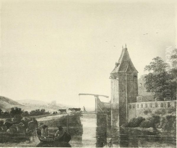 Herdsman driving cattle over a drawbridge - view 1