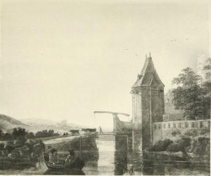 Herdsman driving cattle over a drawbridge