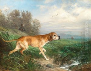 A Pointing Dog, in the Background a Hunter at the Edge of the Woods by Carl Friedrich Deiker