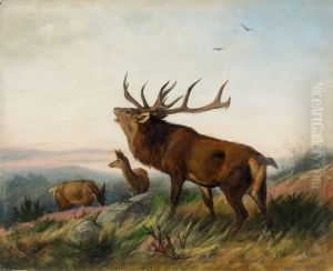 Hirschrudel auf einer Anhohe by Carl Friedrich Deiker