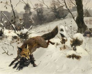 Fuchs mit Beute in Winterlandschaft by Carl Friedrich Deiker