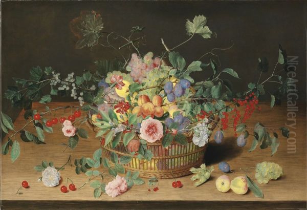 Still life with a basket of flowers and fruit - view 1