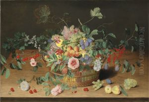 Still life with a basket of flowers and fruit by Isaak Soreau