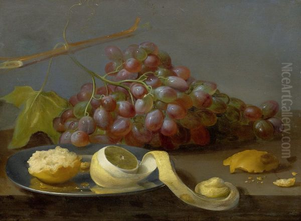 Still life with grapes, a lemon and bread on a table - view 1