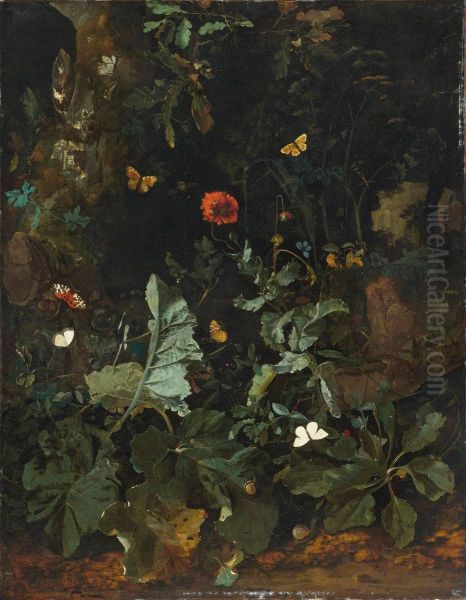Bosgrondstilleven met planten, bloemen en vlinders - view 1