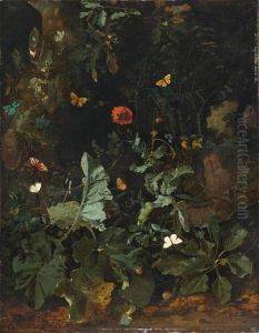 Forest floor stil life with plants, flowers and butterflies by Nicolaes de Vree