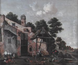 View of a farmyard near a cottage by Nicolaes de Vree