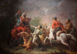 Kosciuszko and his horse fall in the battle of Maciejowice. by Jan Bogumi Plersz