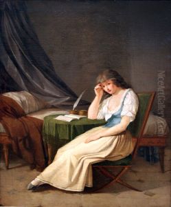 Young girl in morning dress, speculating sitting at a table Young girl in morning dress, speculating sitting at a table