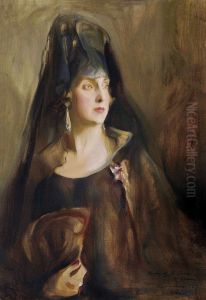Portrait of Queen Victoria Eugenia of Spain (1887-1969), half-length, wearing a plain sleeveless black gown, the Order of Queen Maria Luisa on a purple and white ribbon pinned to her dress, holding a fan in her right hand by Philip de Laszlo