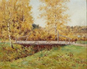 Autumn landscape with a bridge by Fedor Karlovich Burkhardt