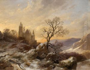 Winter landscape with a castle by Caspar Scheuren