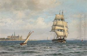 Sailing ships in the Sound off Kronborg. by Vilhelm Arnesen