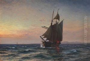 Sejlskib pa havet en aftenstund. by Vilhelm Arnesen