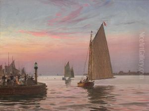 Festklaedte kobenhavnere pa molen nyder solnedgangen og sejlbadene i havnen. by Vilhelm Arnesen