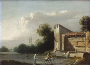 An Italianate landscape with a donkey rider and a woman doing the laundry by a fountain