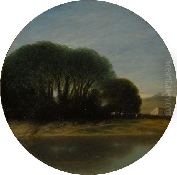 Landschaft mit einem Bauernhof und Baumen an einem Fluss - view 1