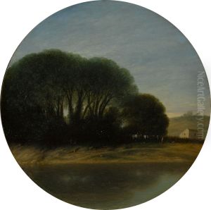 Landschaft mit einem Bauernhof und Baumen an einem Fluss by Goffredo Wals