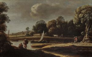 Uferlandschaft mit Fischerboot und bauerlicher Figurenstaffage by Goffredo Wals