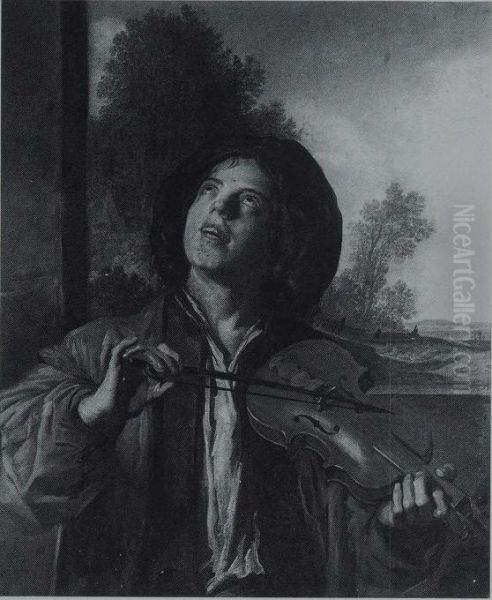 Young man playing the violin in a landscape - view 1