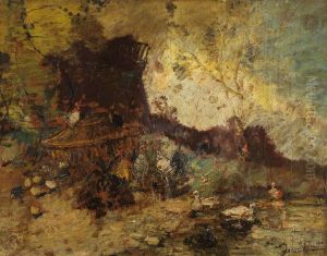 Poultry near the ruins of a mill by Adolphe Joseph Thomas Monticelli