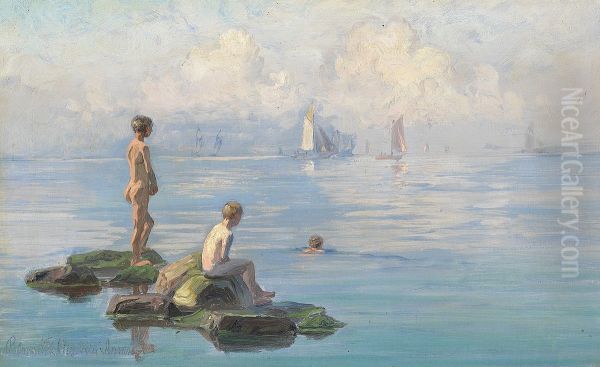 Boys bathing from stones, sailing ships at a distance. - view 1