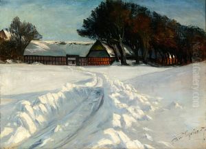 Winter landscape at a timber framed farm. by Hans Agersnap