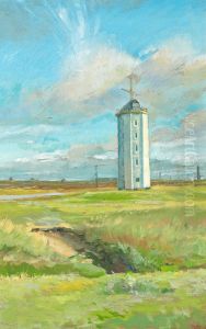 Spring day at Skagen's white lighthouse. by Michael Peter Ancher