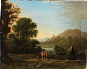 Paysage avec personnages chargeant du bois sur un bateau
