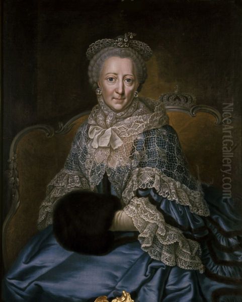 Sitzende alte Dame mit Kappe, Spitzenumhang, blauem Kleid und Muff - view 1