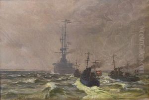 King Christian X onboard Danish cruiser Geiser in snow squall on way to Korsor. by Vilhelm Arnesen