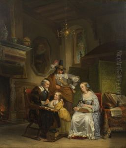 Interior scene with tutor advising a young girl, parents looking on by Jozef Geirnaert